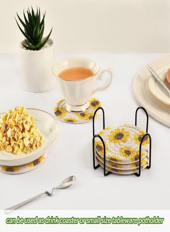 Aflyko Spring Coasters for Drink Sunflower Cute Coaster Set with Metal Holder Cotton Woven Coaster for Coffee Table Bistro Home Kitchen Island Housewarming Gift 6 Pack - Image 4